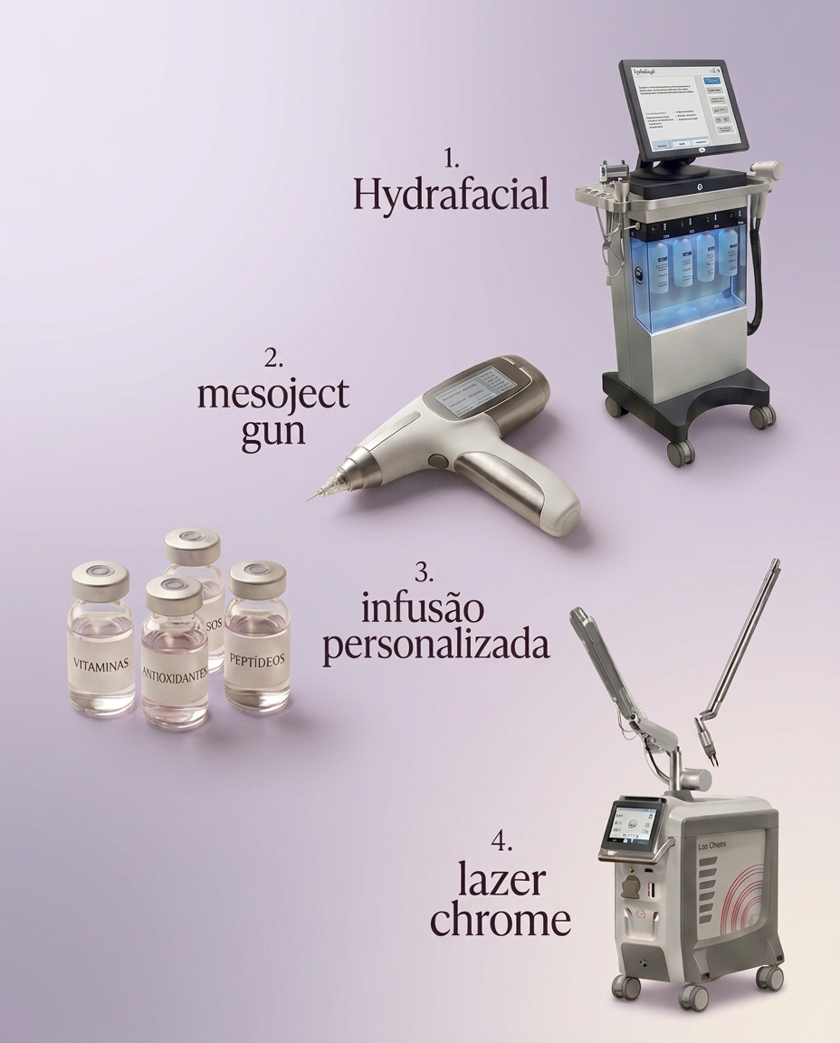 Ilustração das 4 etapas do Protocolo Revita: Hydrafacial, mesoject gun, infusão personalizada e lazer chrome