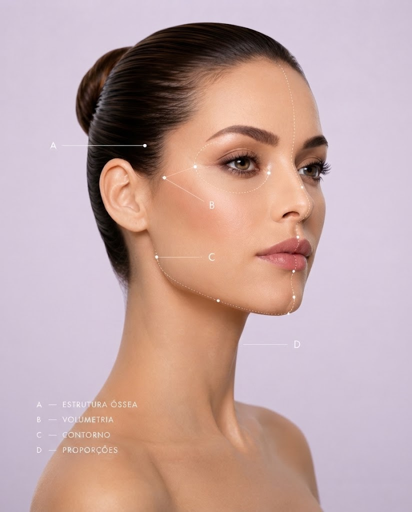 Diagrama ilustrativo dos pilares de avaliação facial: estrutura óssea, volumetria, contorno e proporções